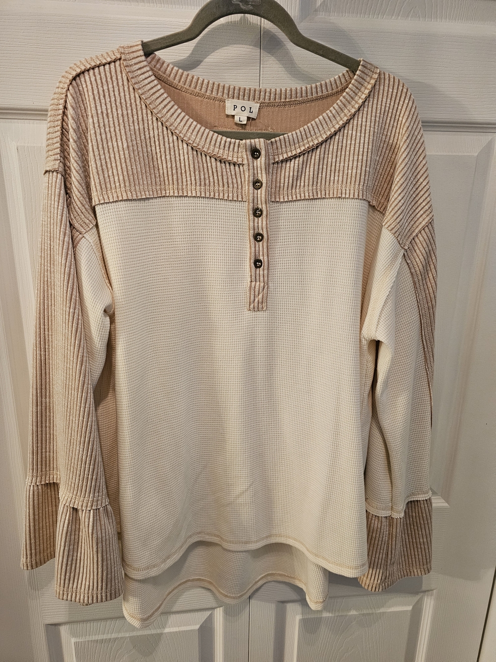 POL Two-Tone Cream & Beige Ribbed Henley Top